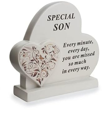 David Fischhoff Sentiment Double Heart with Floral Swirl Graveside Remembrance Plaque Ornament - Son