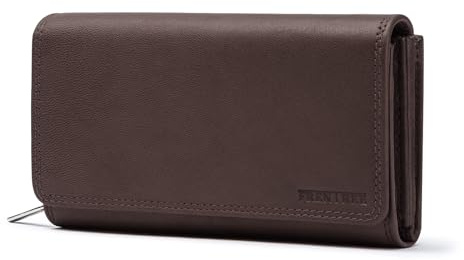 Frentree® Damen Geldbörse aus echtem Nappaleder, großes Leder Portemonnaie mit RFID-Schutz, weiches Echtleder Portmonee, viele Fächer, Braun