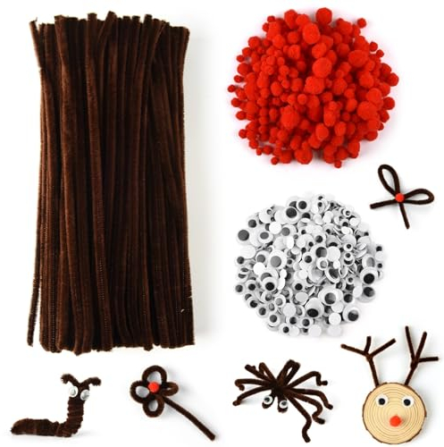 PLULON 922 teiliges Weihnachts-Pfeifenreiniger-Bastelset, braune Pfeifenreiniger, Chenille-Stiele mit roten Pompons, Kulleraugen, für Weihnachts-DIY-Bastelbedarf