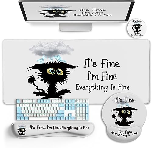 LIMKRIAN Desk Mat with Wrist Rest, Large Gaming Mouse Pad, Keyboard Mat, Cup Coaster, Home Office Accessories, Funny Black Cat
