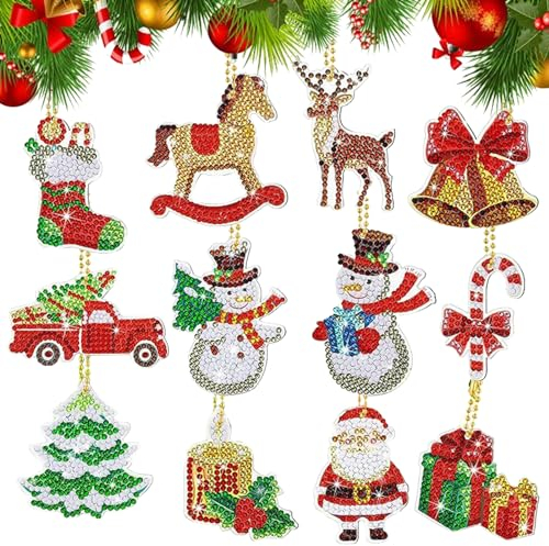 Vordpe Pack of 12 Diamond Painting Christmas Pendant Keyring for Decoration, 5D DIY Children's Gift Idea (Large)