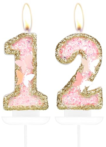 Butterfly 12th Birthday Number Candles, Pink Gold 12 Candles Cake Cupcake Topper for Cake, Girls 12th Birthday Cake Decorations, Butterfly 12th Birthday Candle Cake Topper for Butterfly Theme Party