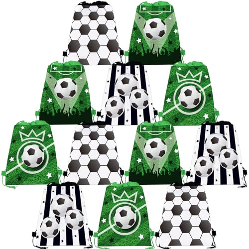 12 Pcs Fußball Geschenktüte, Fußball Party Kordelzug Beutel, Kordelzug Fuß ball Taschen, PQKL-party 30 x 25 cm Fuß ball Kordelzug Rucksack für Kinder, für Mädchen Jungen Fußball Geburtstag Partytüten