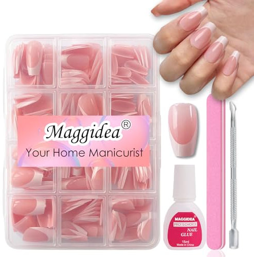 Maggidea French False Nail Kit Short Coffin, Press on Nails, 240 Pcs Fake Nails French Tip Glossy Full Cover Glue on Nails Nail Art Manicure (Short Coffin)