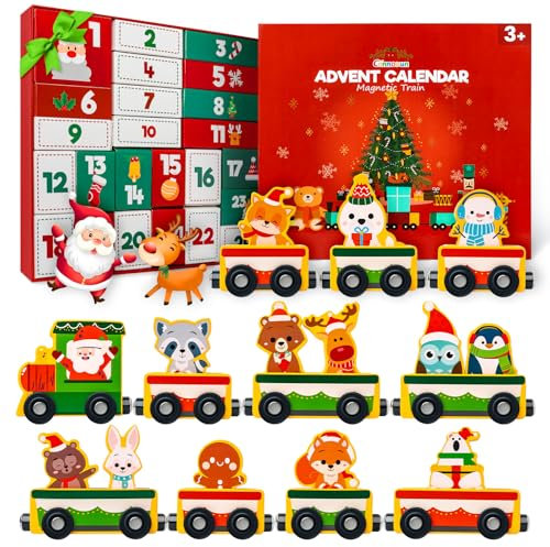 Adventskalender für Kinder, Commodum 24 Tage Weihnachten Adventskalender Countdown, Holz Eisenbahn Kinder, Magnetisch Weihnachten Zug Spielzeug, Weihnacht Geschenke für Jungen Mädchen