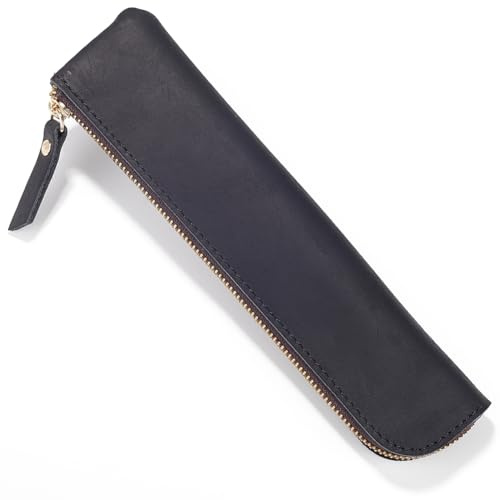 GORGECRAFT Étui à Crayons Fin en Cuir Véritable Crazy Horse Étui à Stylos Portable à Fermeture Éclair Sac à Stylos Ultra Fin et Souple Pochette Cosmétique Rétro Minimale Organisateur de Crayons Noël