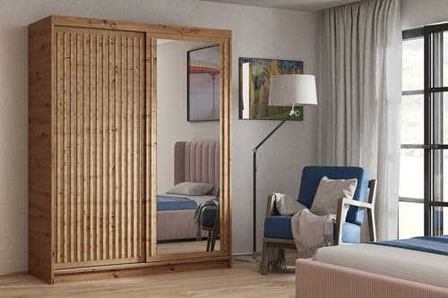 BEAUTY SOFA Donatello Armoire avec miroir, étagères, tringle à vêtements, portes coulissantes et lamelles, penderie, armoire de couloir - Chêne Artisan - Largeur 120 cm