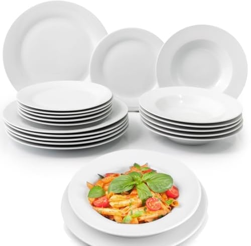 Shally Dogan Service de vaisselle de service 18 pièces en porcelaine de table pour 6 personnes, lot composé de 6 assiettes plates, 6 fonds, 6 gâteaux et fruits, design moderne lisse (blanc)