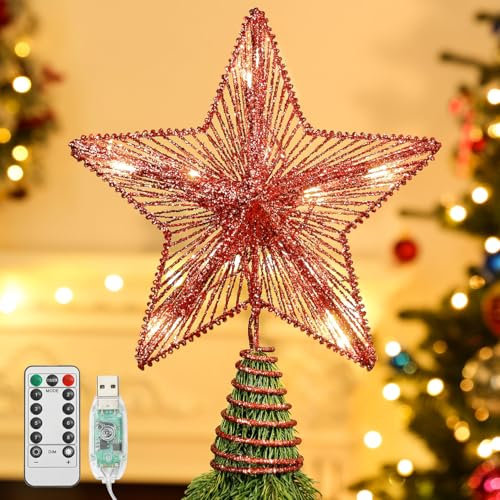 Lewondr Weihnachtsbaum Stern Spitze, 25,4cm Spitze Weihnachtsbaum Stern Batteriebetrieb Beleuchtung Weihnachtsdeko Tannenbaum Spitze Stern für Weihnachtsbaumspitze Hause Kaufhaus Innen, Rot