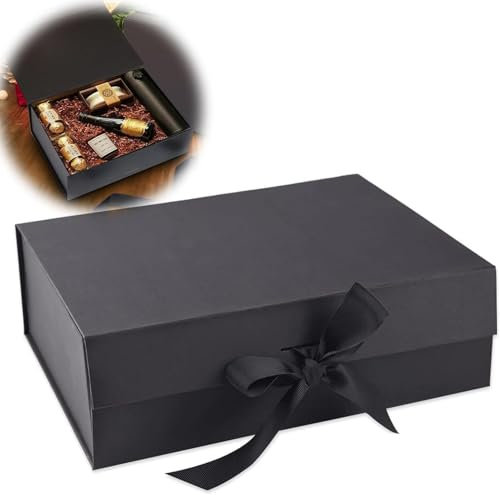 Geschenkbox mit Schleife, Wiederverwendbare Geschenk Verpackungsbox, Magnetische Geschenkkarton mit Deckel, für Geburtstag, Weihnachten, Valentinstag,Schwarz
