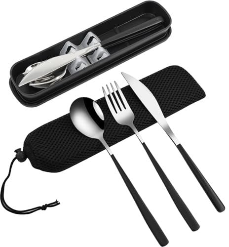 VANRA 3-Piece Portable Travel Utensils Set with Case 18/8 Stainless Steel Flatware Set Reusable Cutlery Set with Fork Spoon Knife for Lunch Travel Camping School Work Picnic (Black)