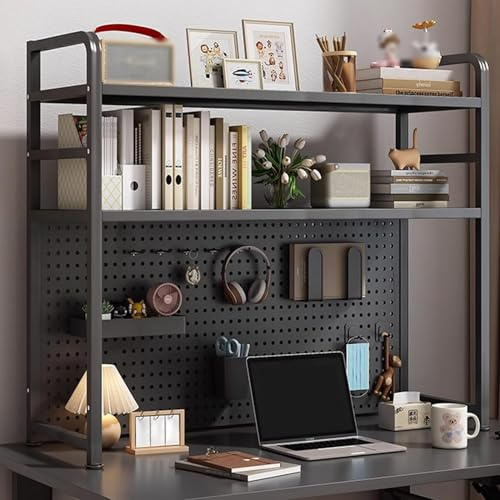Desktop Bookcase With Perforated Board, 2/3Tier Metal Countertop Hutch Display Shelf For Computer Desk, Thickened Steel Desk Organiser Shelf For Dorm Room Office Home(Size:55*20*98cm,Color:Black)