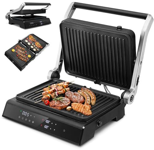 RELAX4LIFE Piastra Elettrica 2000W, Bistecchiera Elettrica con Piastre Antiaderenti e Rimovibili, 5 Modalità Automatiche, Cottura Bifacciali 90° a 230°, Timer 0-4 H, per BBQ e Panini
