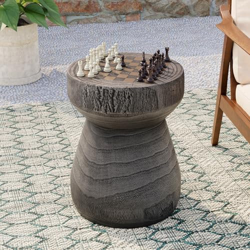COSIEST Outdoor Side Table with Chessboard, 14'' Round Concrete Lightweight Faux Wooden Multi-Use End Table Garden Stool Log Style Plant Stand for Deck, Patio, Grey