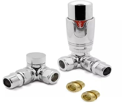 Team Controls Corner Angled Thermostatic Radiator Valves & Lockshield Valve 10mm Chrome TRV Pack- inc 2no. 10mm Inset reducers