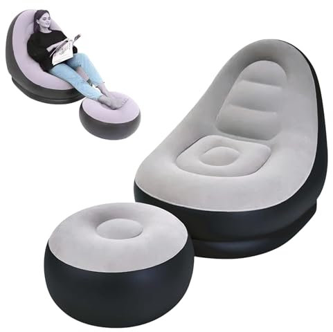 Inflatable Deluxe Lounger with Ottoman, Gaming Chair Footstool Seat - Comfortable Flocked Suede Couch with Built-in Drink Holder, Optional Electric Air Pump, Ideal for Indoor & Outdoor Use