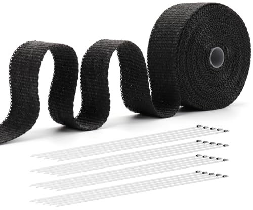 12M Auspuff Hitzeschutzband Schwarz, Hitzebeständig bis 550℃, inkl. 20 Edelstahl Kabelbinder, Auspuff Dichtband für Auto und Motorrad, Wärmeschutzband für Auspuffrohr