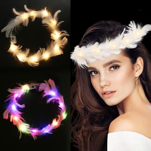 O-Kinee Feder Stirnband LED,2 Stück Leuchtender Federkranz Haarreif,LED Haarschmuck Haar-Accessoires für Frauen Geburtstag,Festivals,Fasching,Hochzeit,Party Dekor