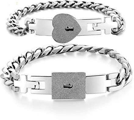 lansuiyour 2X Exquisite Lover Heart Lock for Key Couple Bracelets with Lock for Key Bangles Stainless Steel Jewelry for Wo