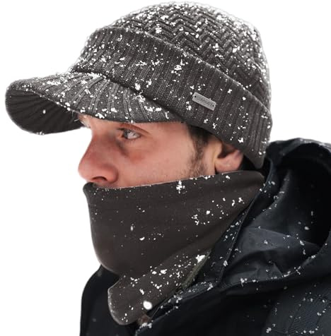 Comhats PolarWool™ Beanie Herren Winter-Set mit Wollgestrickter Schirmmütze und Fleece-Schal/Halswärmer für Herren und Damen - Warme gestrickte Schirmmütze Grau L/XL