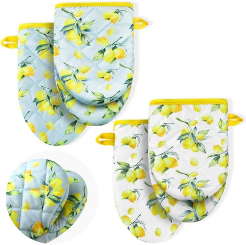 Geyoga 4 Pack Mini Oven Mitt Lemon Small Oven Mittens Pot Holders Cotton Mini Pot Holders Spring Kitchen Heat Resistant Potholder for Baking Barbecue Kitchen Gift