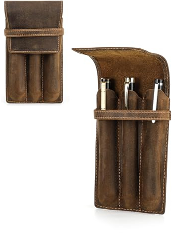 CONTACT'S FAMILY Leather Pen Holder Case, Stationery Pouch for 3 Pens, Leather 3 Slots Fountain Pen Sleeve Cover Pouch (Coffee)