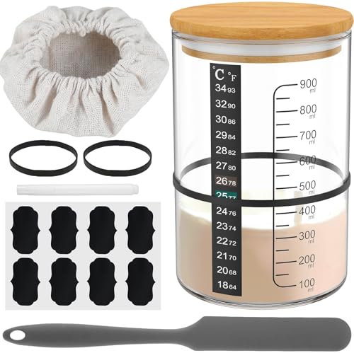 Eyoulife 9 Teiliges Sauerteig Glas 900ml mit Deckel Holz, Sauerteig Starter Set mit Temperaturetikett, Gummiband, Spatel, Tuch Kappe, für Hefegärung Verwendet Werden, Lagerung Trockenfrüchten
