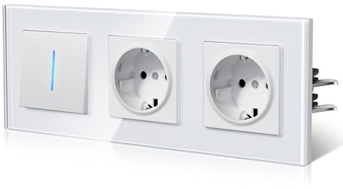 BSEED Enchufe y Interruptor,interruptor pared con Garfio,Basculante con Pilotitos LED,Panel de Vidrio,Seguridad Infantil,Fácil Instalación,E-Serie,1 Gang 1 Vía Con 2 Enchufes,228mm Blanco