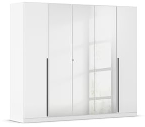Rauch Möbel Alba, Kleiderschrank, Garderobenschrank 5-türig, mit Spiegel, mit 4 Kleiderstangen, 5 Einlegeböden und Schubladeneinsatz, Farbe Hochglanz Weiß/Weiß, mit Griffstange, 226x197x54cm