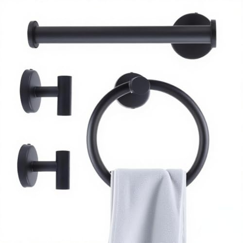 4PC Bathroom Hardware Set, Stainless Steel Wall Mounted Shelf, Includes Towel Ring Toilet Paper Holder and 2 Hooks, Black