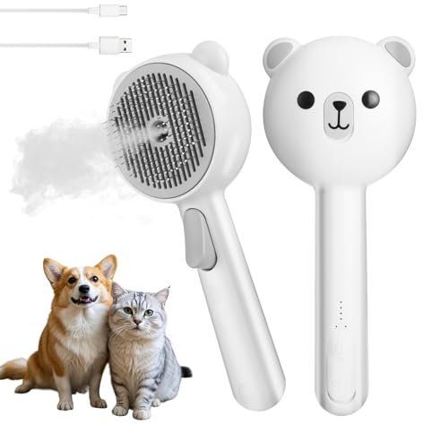 Zaxiva Katzenbürste mit Dampf & Auslöseknopf, 4 in 1 Hundebürste mit Dampf, USB Aufladbar Dampfbürste Katze, Spray Haustierhaar Bürste, Massage Steamer Kamm für Katzen, Hunde, Kaninchen