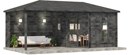 FinnTherm 5-Eck Saunahaus Liwa Gartensauna 3 Sitzbänke aus Holz in Grau, Sauna mit 28 mm Wandstärke Außensauna