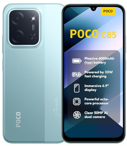 XIAOMI POCO C85, Smartphone 6+128GB, display da 6,99 pollici 120 Hz, design 7,99 mm, MediaTek Helio G81-Ultra Octa-core, doppia fotocamera AI da 50 MP, 6000 mAh, verde, caricabatterie non incluso