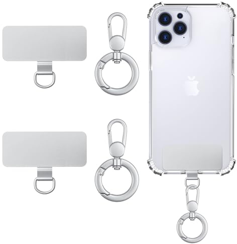 MoKo Handy Halterung Set, 2× Handy Tether Tabs & 2× 360° Drehbare Feder O-Ringe, Metall Ultra-Dünne Handys Lanyard Pads, Edelstahl Handyschlaufen Verbinder Patches für Vollschutz Handyhüllen, Silber