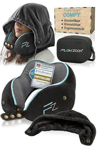 FLOWZOOM Comfy Nackenkissen Flugzeug & Auto mit Kapuze - Einstellbares Memory Foam Reisekissen mit Druckknöpfen für 360° Stütze, weicher Bezug - inkl. Transportbeutel - Schwarz