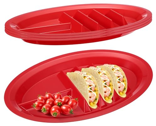 sourcing map 4 Pack Plastic Taco Plates for Party, 12.99x8.66 Taco Plate Plastic Serving Trays with 4 Stand Up Holder & 2 Dipping Areas for Restaurant Plating Picnic Tableware, Red