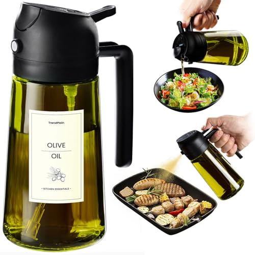 TrendPlain Pulverizador Aceite Spray 470ml - 2 en 1 Spray Aceite Cocina, Dispensadora para Freidora de Aire, Ensaladas, Vinagre y Accesorios Cocina (1 unidad, Negro-1)