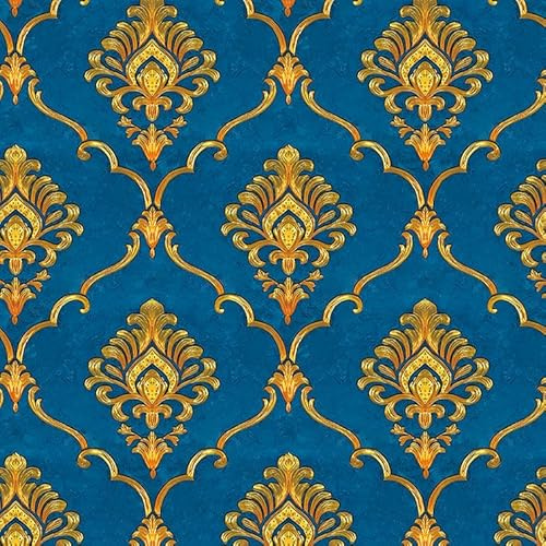 DacaiCloth Vintage Damask Self-Adhesive Wallpaper, Blue and Gold, Removable Peel and Stick, 44 cm x 300 cm
