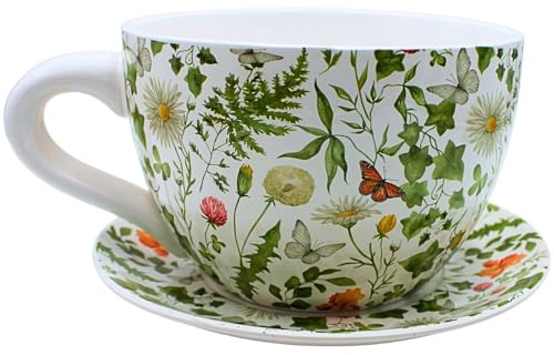 Dekohelden24 XXL Blumentopf, Pflanztasse, Pflanzkübel, Pflanzgefäß, Blumenkübel, Pflanztopf. Übertopf als Tasse mit Griff aus Keramik, Motiv: Magerite, L/B/H 34 x 28 x16 cm.