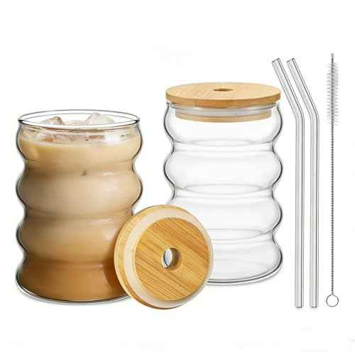 SFHKZCM Ripple Glass Cups 2 PCS 350ML Bubble Water Drinking Glasses | Heat Resistant, With Glass Straws, Ideal for Iced Coffee Latte Macchiato Cappuccino Tea Juice Cocktails Beer