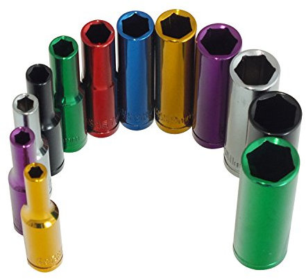 Voche® 12 Piece 1/4 Deep Coloured Colour Chrome Vanadium Sockets On Storage Rail