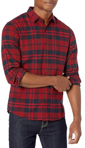 Amazon Essentials Chemise Ajustée en Flanelle à Carreaux avec Boutons et Manches Longues Homme, Bleu Marine Rouge Écossais, L