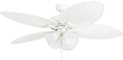 Prominence Home Ceiling Fans Palm Lake, 52 Inch Tropical Indoor Outdoor Ceiling Fan with Light, Pull Chain, Three Mounting Options, 5 Palm Leaf Blades, Reversible Motor - 50509-01 (White)