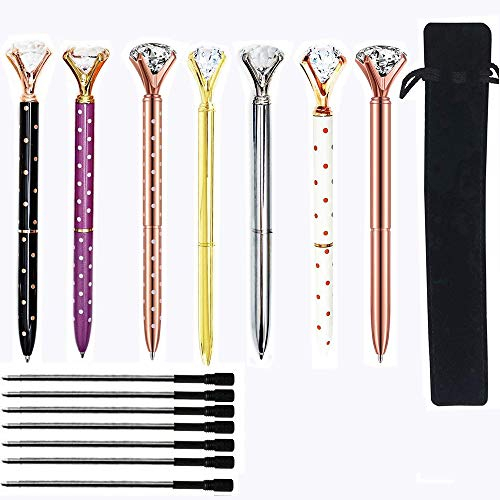 7pcs Diamond Kugelschreiber mit BONUS 7pcs Kugelschreiberminen und schwarzen Samtbeutel, Großer Kristalldiamantstift, Schöner Bling Metall Kugelschreiber für Frauen, Kollegen, Kinder, Mädchen.