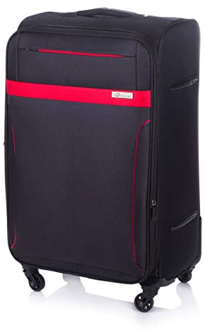 Solier Reisekoffer Koffer mit 4 Rollen Leicht Tourister Trolley Rollkoffer mit Zahlenschloss Groß Reisetrolley (schwarz/rot, L)