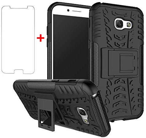 Asuwish Handyhülle für Samsung Galaxy A5 2017 Hülle mit Glas Folie Panzerfolie Schutzfolie und Ständer SM-A520F SM A520F Slim Hard Handy Hüllen Schutzhülle Phone Case Männer Schwarz