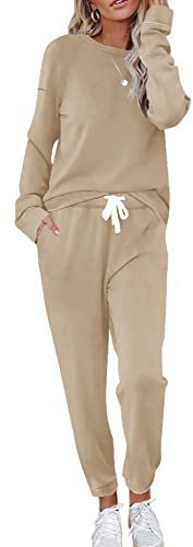 ETCYY NEW Lounge-Sets für Damen, zweiteilige Outfits, Sweatanzüge, lange Hose, Loungewear, Workout, athletische Trainingsanzüge, Beige, L