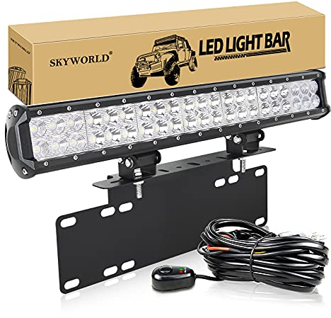 SKYWORLD 20 Zoll 126W Led Arbeitsscheinwerfer Bar mit 12V kabelbaum kit, light bar Kennzeichenhalter Front Stoßstange Bull Bar, LED Zusatzscheinwerfer Bar für 4x4 Auto Offroad Truck Traktor LKW KFZ