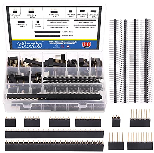 Glarks 190Pcs 2.54mm Male and Female Pin Header Connector Assortment Kit, Long/Short Needle Stackable Shield Header and Single/Double Row Breakaway PCB Board Pin Header for Arduino Prototype Shield