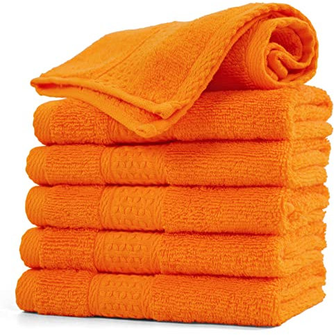 Cleanbear Lot de 6 grands gants de toilette orange en coton - 33 x 33 cm - Très absorbants - Pour un usage quotidien